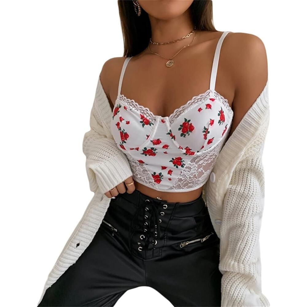 Womens small red rose floral corset-style cami feminine romantic print crop top